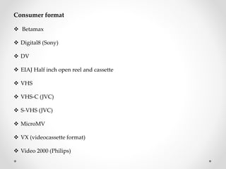 Consumer format
 Betamax
 Digital8 (Sony)
 DV
 EIAJ Half inch open reel and cassette
 VHS
 VHS-C (JVC)
 S-VHS (JVC)
 MicroMV
 VX (videocassette format)
 Video 2000 (Philips)
 