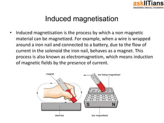Induced magnetisation
• Induced magnetisation is the process by which a non magnetic
material can be magnetized. For example, when a wire is wrapped
around a iron nail and connected to a battery, due to the flow of
current in the solenoid the iron nail, behaves as a magnet. This
process is also known as electromagnetism, which means induction
of magnetic fields by the presence of current.
 