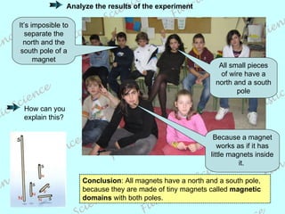 It’s imposible to separate the north and the south pole of a magnet All small pieces of wire have a north and a south pole Because a magnet works as if it has little magnets inside it.  Analyze the results of the experiment How can you explain this? Conclusion : All magnets have a north and a south pole, because they are made of tiny magnets called  magnetic   domains  with both poles. 