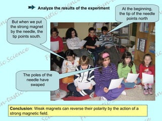Conclusion : Weak magnets can reverse their polarity by the action of a strong magnetic field. At the beginning, the tip of the needle points north But when we put the strong magnet by the needle, the tip points south. The poles of the needle have swaped Analyze the results of the experiment 