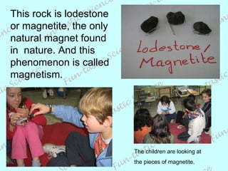 This rock is lodestone or magnetite, the only natural magnet found in  nature. And this phenomenon is called magnetism. The children are looking at the pieces of magnetite.  