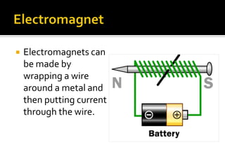 ElectromagnetElectromagnets can be made by wrapping a wire around a metal and then putting current through the wire.