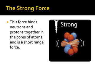 The Strong ForceThis force binds neutrons and protons together in the cores of atoms and is a short range force. 