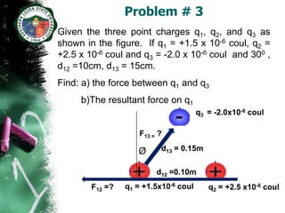 Problem # 3
Given the three point charges q1, q2, and q3 as
shown in the figure. If q1 = +1.5 x 10-6 coul, q2 =
+2.5 x 10-6 coul and q3 = -2.0 x 10-6 coul and 300 ,
d12 =10cm, d13 = 15cm.
Find: a) the force between q1 and q3
     b)The resultant force on q1
                                       q3 = -2.0x10-6 coul

                     F13 = ?

                    Ø      d13 = 0.15m

                          d12 =0.10m
        F12 =?   q1 = +1.5x10-6 coul      q2 = +2.5 x10-6 coul
 