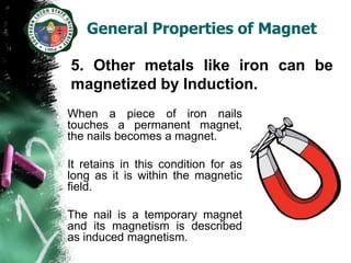 General Properties of Magnet

5. Other metals like iron can be
magnetized by Induction.
When a piece of iron nails
touches a permanent magnet,
the nails becomes a magnet.

It retains in this condition for as
long as it is within the magnetic
field.

The nail is a temporary magnet
and its magnetism is described
as induced magnetism.
 