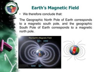 Earth’s Magnetic Field
• We therefore conclude that:
The Geographic North Pole of Earth corresponds
to a magnetic south pole, and the geographic
South Pole of Earth corresponds to a magnetic
north pole.
 