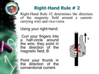 Right-Hand Rule # 2
Right-Hand Rule #2 determines the direction
of the magnetic field around a current-
carrying wire and vice-versa
Using your right-hand:
 Curl your fingers into
a half-circle around
the wire, they point in
the direction of the
magnetic field, B

Point your thumb in
the direction of the
conventional current.
 