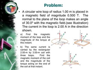 Problem:
    • A circular wire loop of radius 1.00 m is placed in
      a magnetic field of magnitude 0.500 T. The
      normal to the plane of the loop makes an angle
      of 30.00 with the magnetic field.(see Illustration)
      The current in the loop is 2.00 A in the direction
      shown.
•    a) Find the magnetic
     moment of the loop and the
     magnitude of the torque at
     this instant.
•    b) The same current is
     carried by the rectangular
     2.00-m by 3.00-m coil with
     three loops.         Find the
     magnetic moment of the coil
     and the magnitude of the
     torque acting on the end of
     the coil at that instant.
 