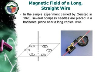 Magnetic Field of a Long,
          Straight Wire
• In the simple experiment carried by Oersted in
  1820, several compass needles are placed in a
  horizontal plane near a long vertical wire.
 
