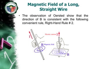 Magnetic Field of a Long,
          Straight Wire
• The observation of Oersted show that the
  direction of B is consistent with the following
  convenient rule, Right-Hand Rule # 2.
 