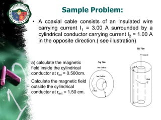 Sample Problem:
• A coaxial cable consists of an insulated wire
  carrying current I1 = 3.00 A surrounded by a
  cylindrical conductor carrying current I2 = 1.00 A
  in the opposite direction.( see illustration)



a) calculate the magnetic
field inside the cylindrical
conductor at rint = 0.500cm.
Calculate the magnetic field
outside the cylindrical
conductor at rext = 1.50 cm.
 