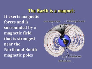 The Earth is a magnet:
It exerts magnetic
forces and is
surrounded by a
magnetic field
that is strongest
near the
North and South
magnetic poles
 