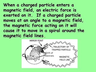 When a charged particle enters a
magnetic field, an electric force is
exerted on it. If a charged particle
moves at an angle to a magnetic field,
the magnetic force acting on it will
cause it to move in a spiral around the
magnetic field lines.
 