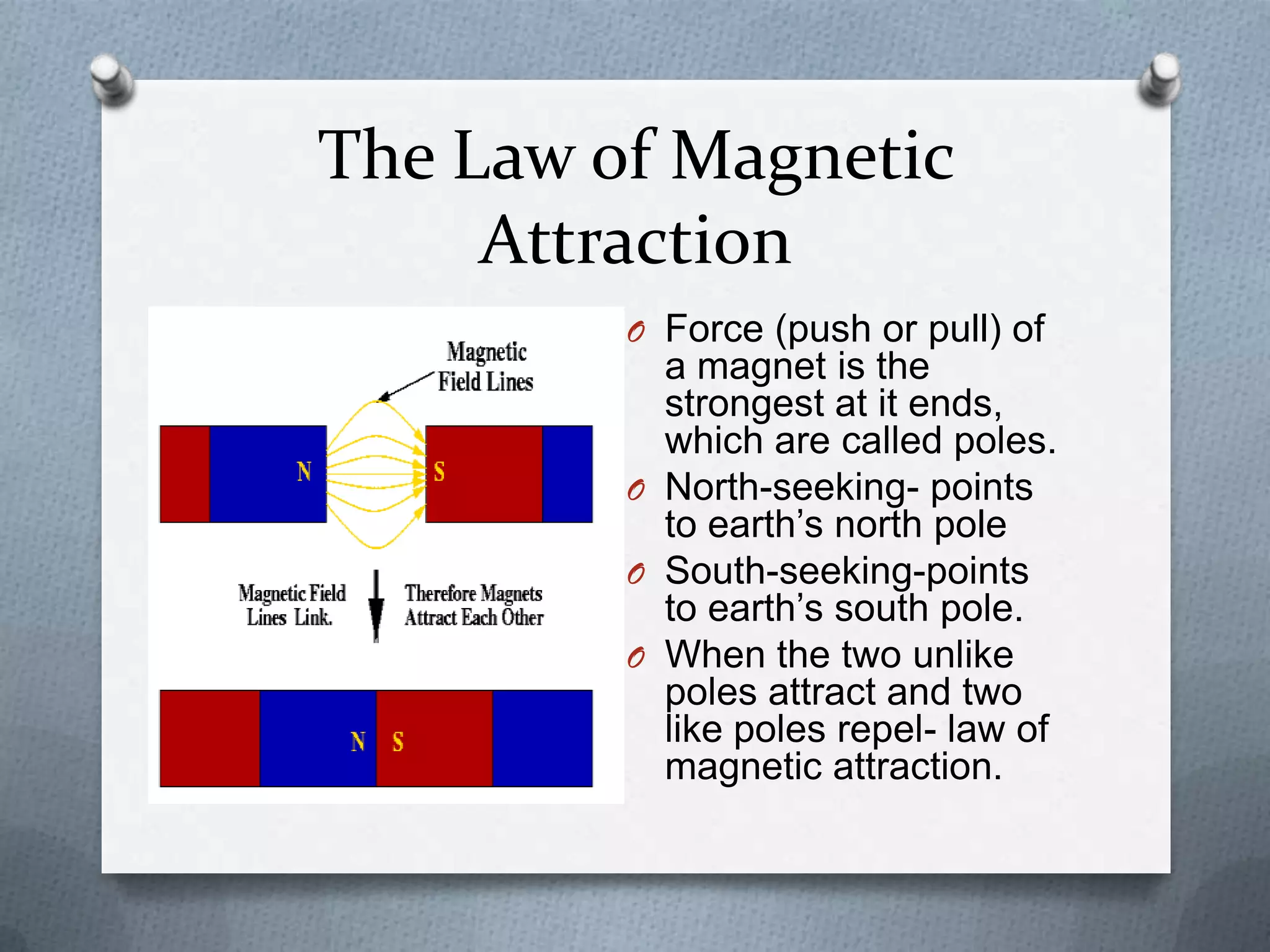 The Law of Magnetic
Attraction
O Force (push or pull) of
a magnet is the
strongest at it ends,
which are called poles.
O North-seeking- points
to earth’s north pole
O South-seeking-points
to earth’s south pole.
O When the two unlike
poles attract and two
like poles repel- law of
magnetic attraction.
 