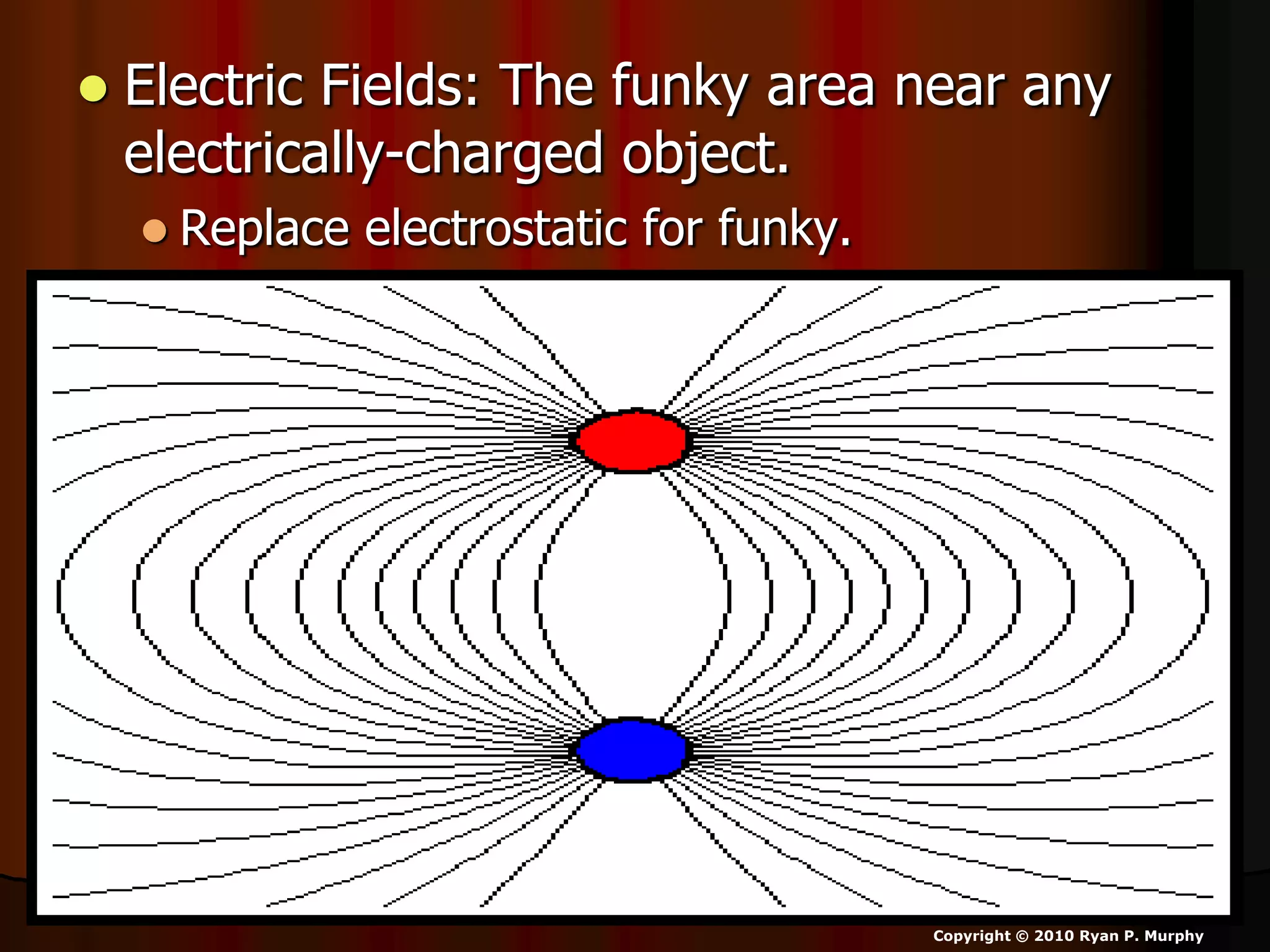  Electric Fields: The funky area near any
electrically-charged object.
 Replace electrostatic for funky.
Copyright © 2010 Ryan P. Murphy
 