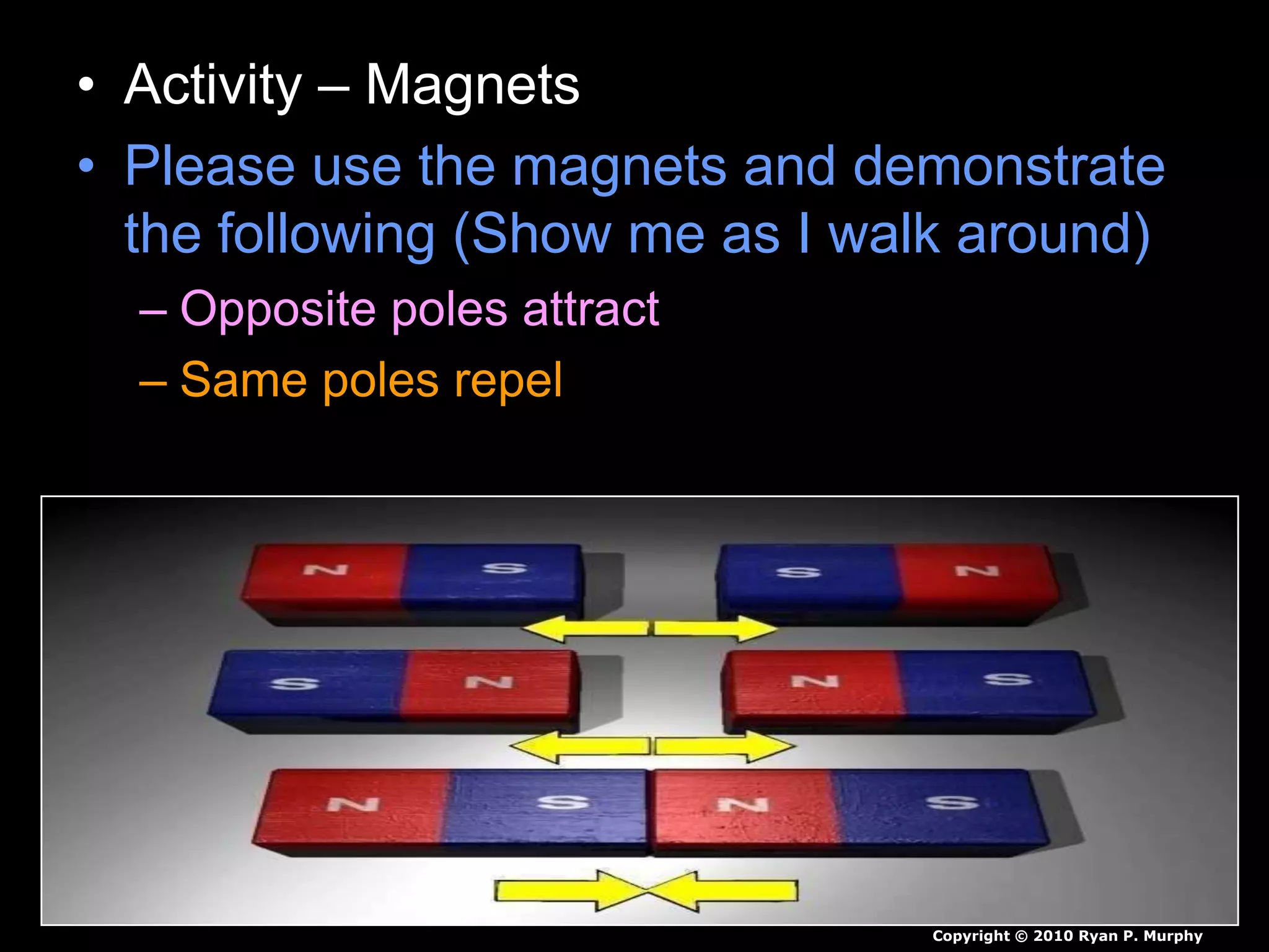 • Activity – Magnets
• Please use the magnets and demonstrate
the following (Show me as I walk around)
– Opposite poles attract
– Same poles repel
Copyright © 2010 Ryan P. Murphy
 