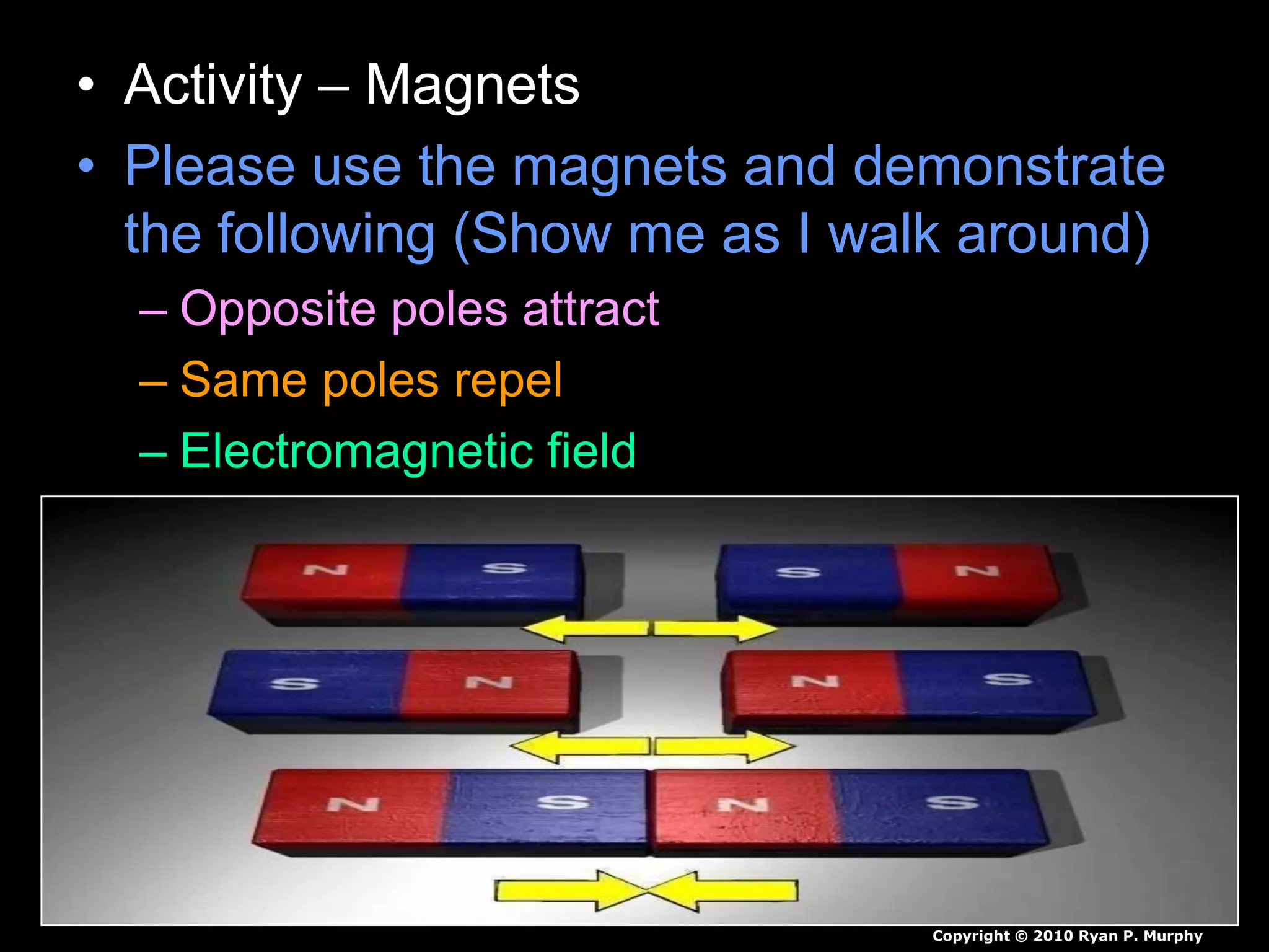 • Activity – Magnets
• Please use the magnets and demonstrate
the following (Show me as I walk around)
– Opposite poles attract
– Same poles repel
– Electromagnetic field
Copyright © 2010 Ryan P. Murphy
 