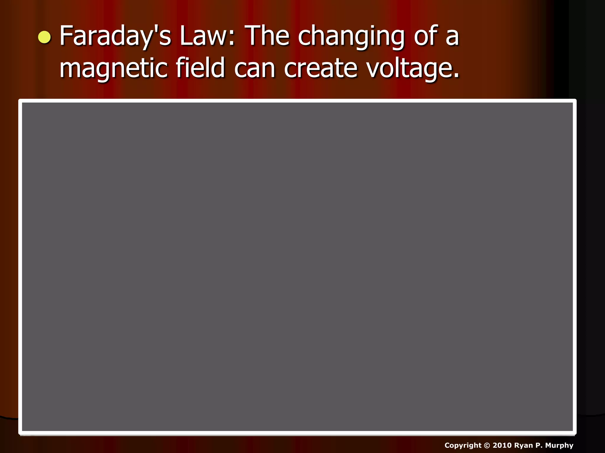  Faraday's Law: The changing of a
magnetic field can create voltage.
Copyright © 2010 Ryan P. Murphy
 