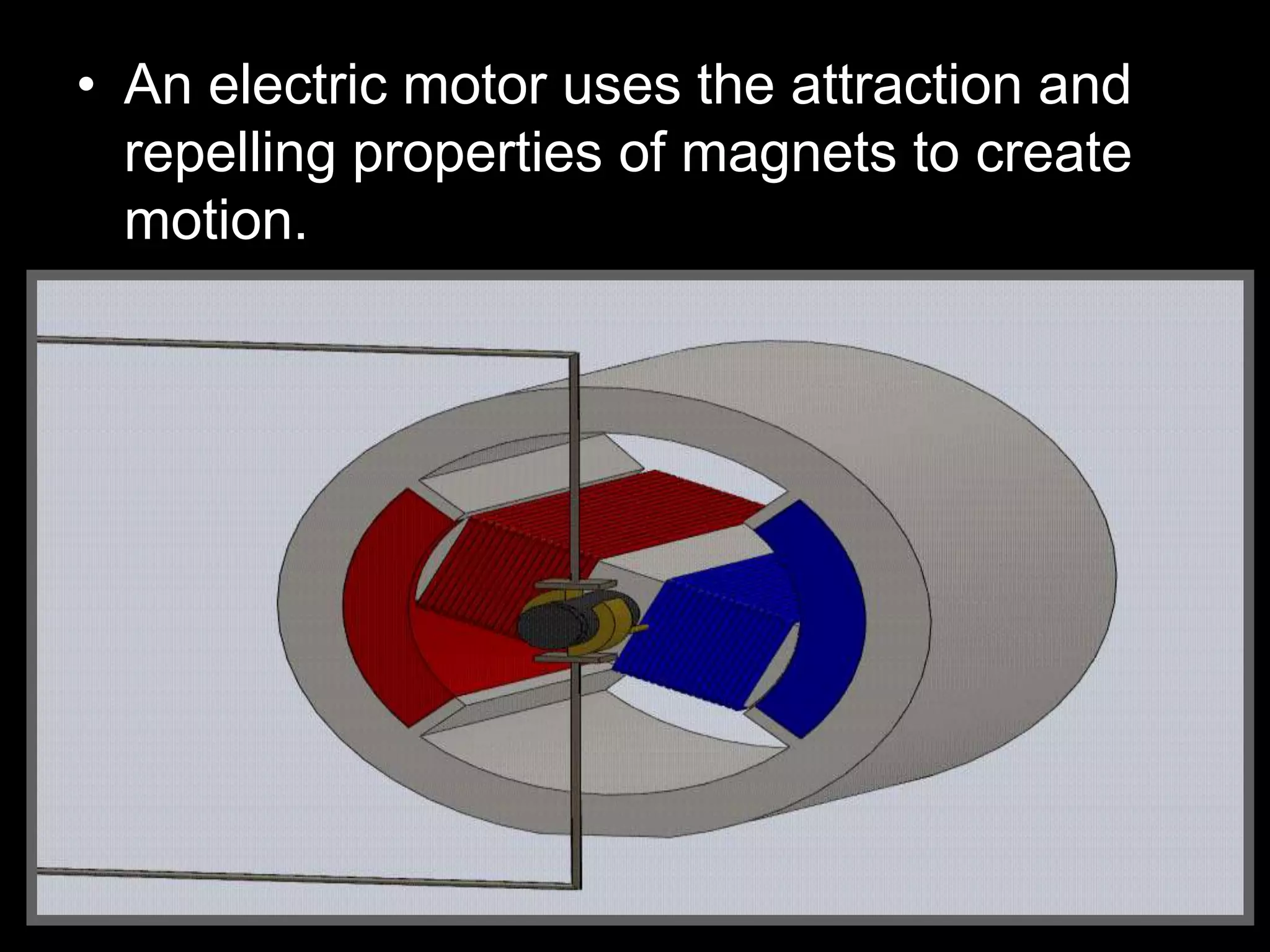 • An electric motor uses the attraction and
repelling properties of magnets to create
motion.
 