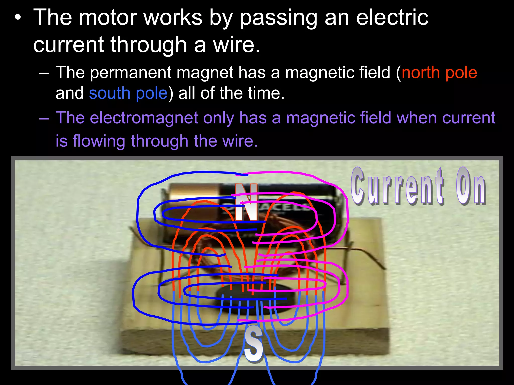 • The motor works by passing an electric
current through a wire.
– The permanent magnet has a magnetic field (north pole
and south pole) all of the time.
– The electromagnet only has a magnetic field when current
is flowing through the wire.
 