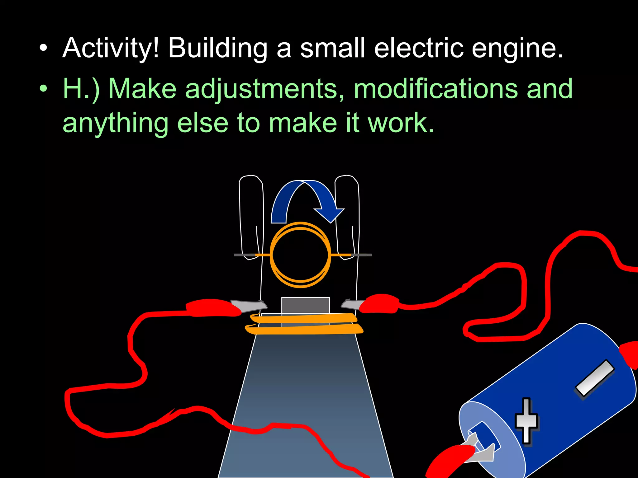 • Activity! Building a small electric engine.
• H.) Make adjustments, modifications and
anything else to make it work.
 