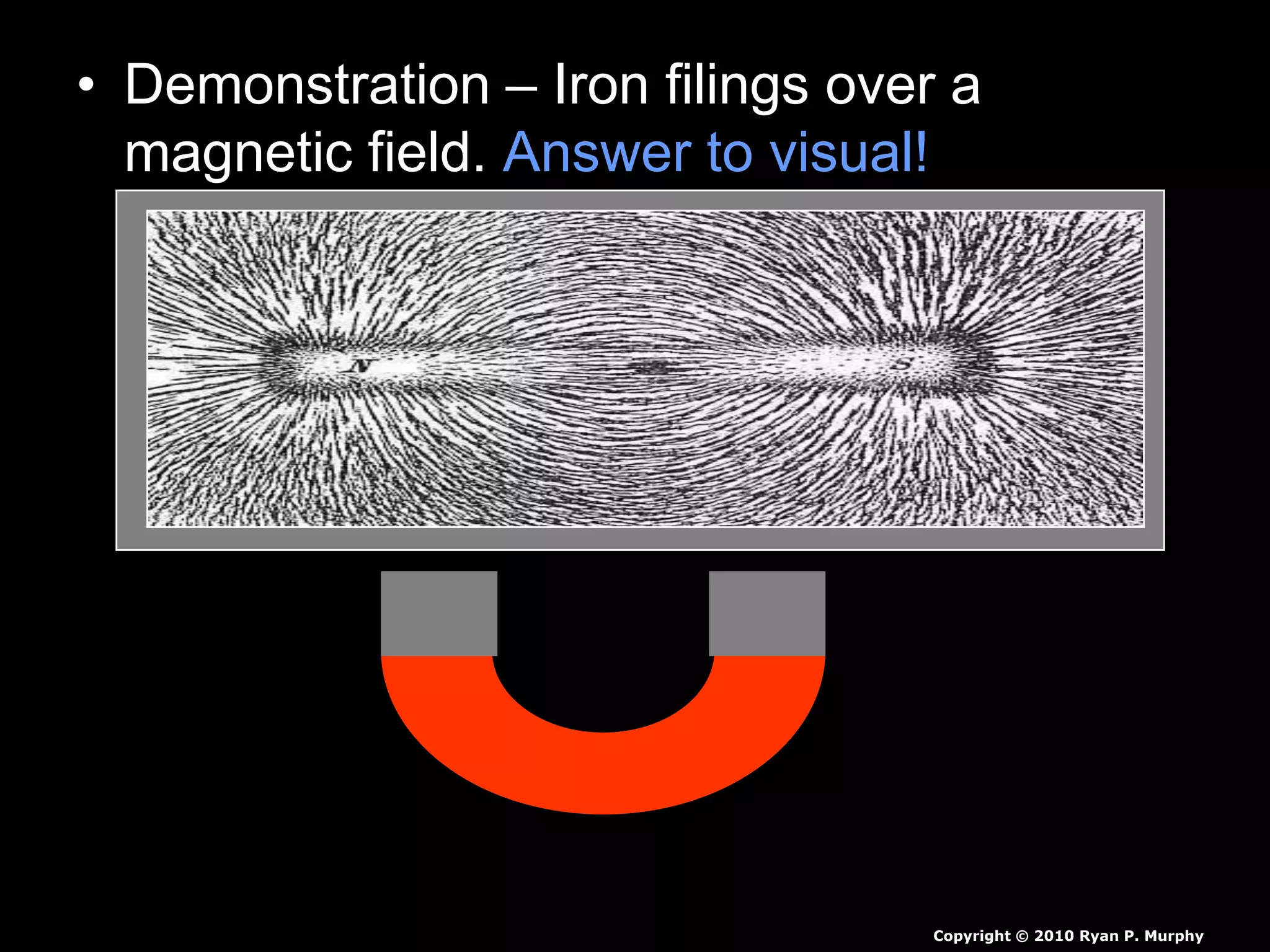 • Demonstration – Iron filings over a
magnetic field. Answer to visual!
– Sprinkle iron filings on a piece of paper.
– Create the two poles a magnetic field with a
magnetic from underneath the paper.
– Identify the magnetic fields with a visual in
your journal.
Copyright © 2010 Ryan P. Murphy
 