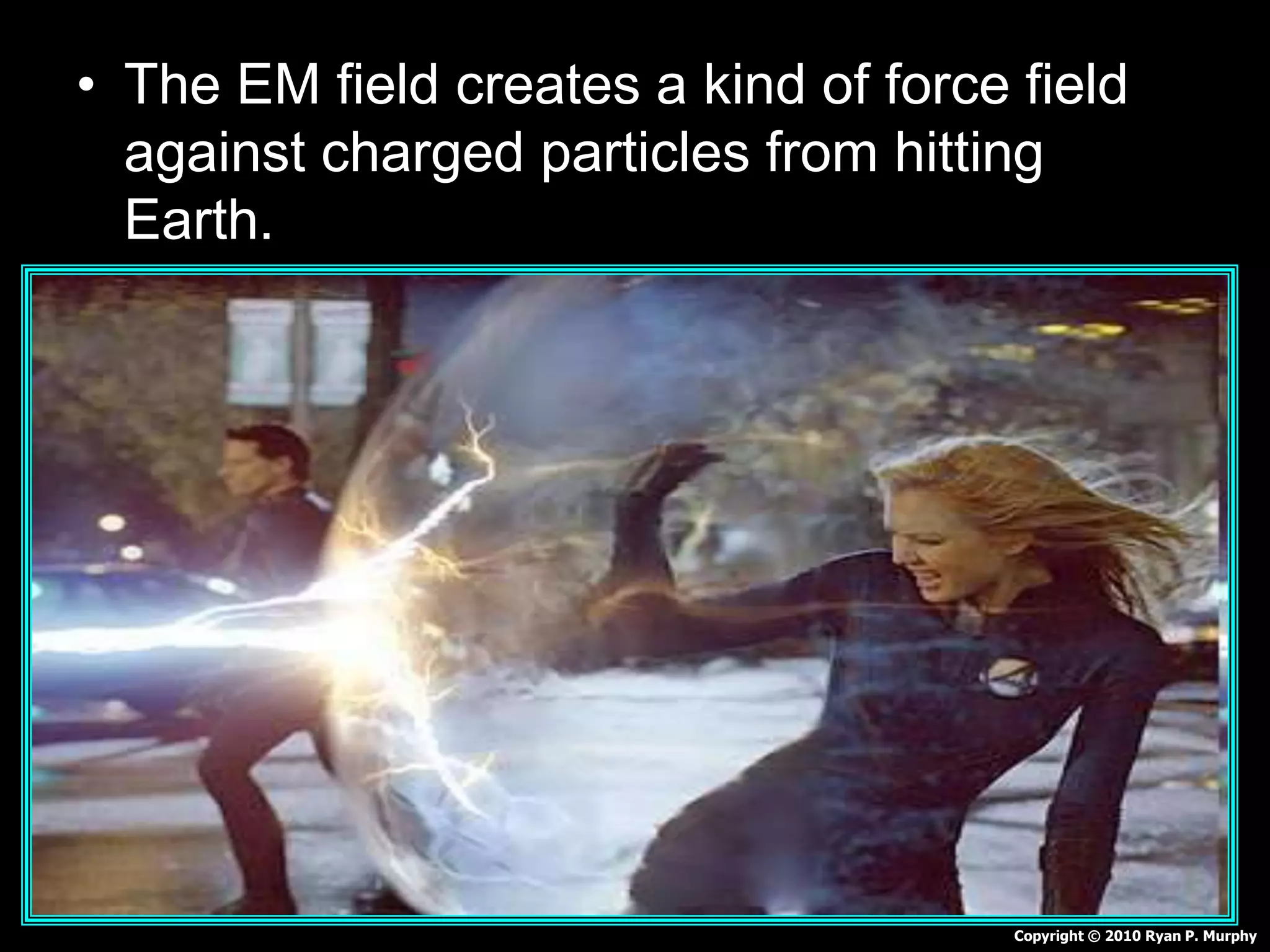 • The EM field creates a kind of force field
against charged particles from hitting
Earth.
Copyright © 2010 Ryan P. Murphy
 