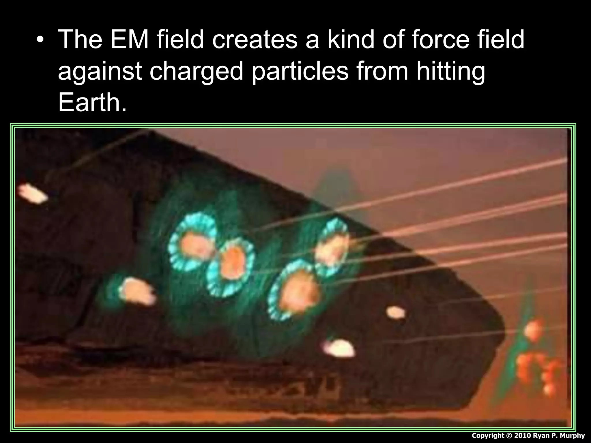 • The EM field creates a kind of force field
against charged particles from hitting
Earth.
Copyright © 2010 Ryan P. Murphy
 