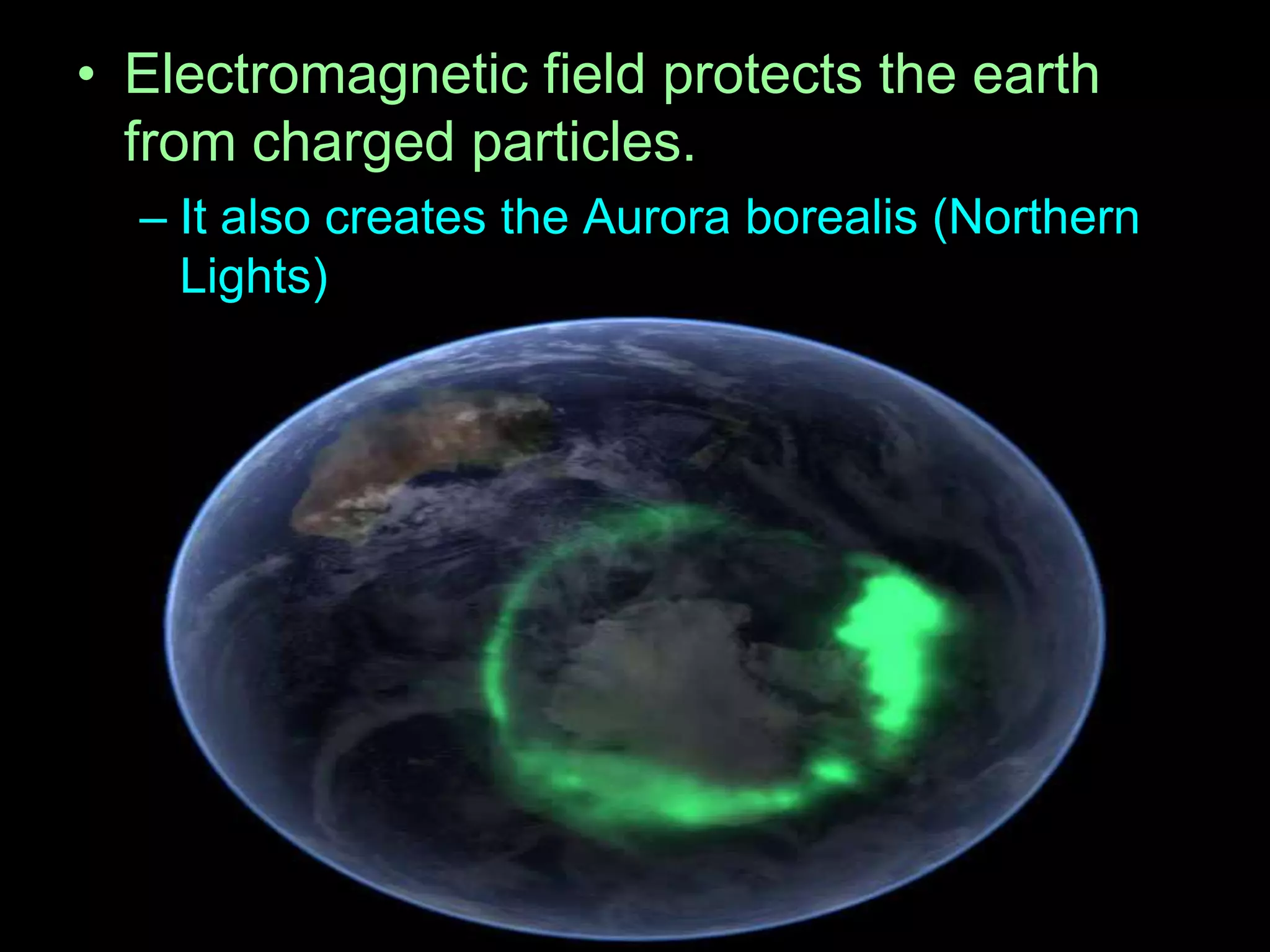 • Electromagnetic field protects the earth
from charged particles.
– It also creates the Aurora borealis (Northern
Lights)
 
