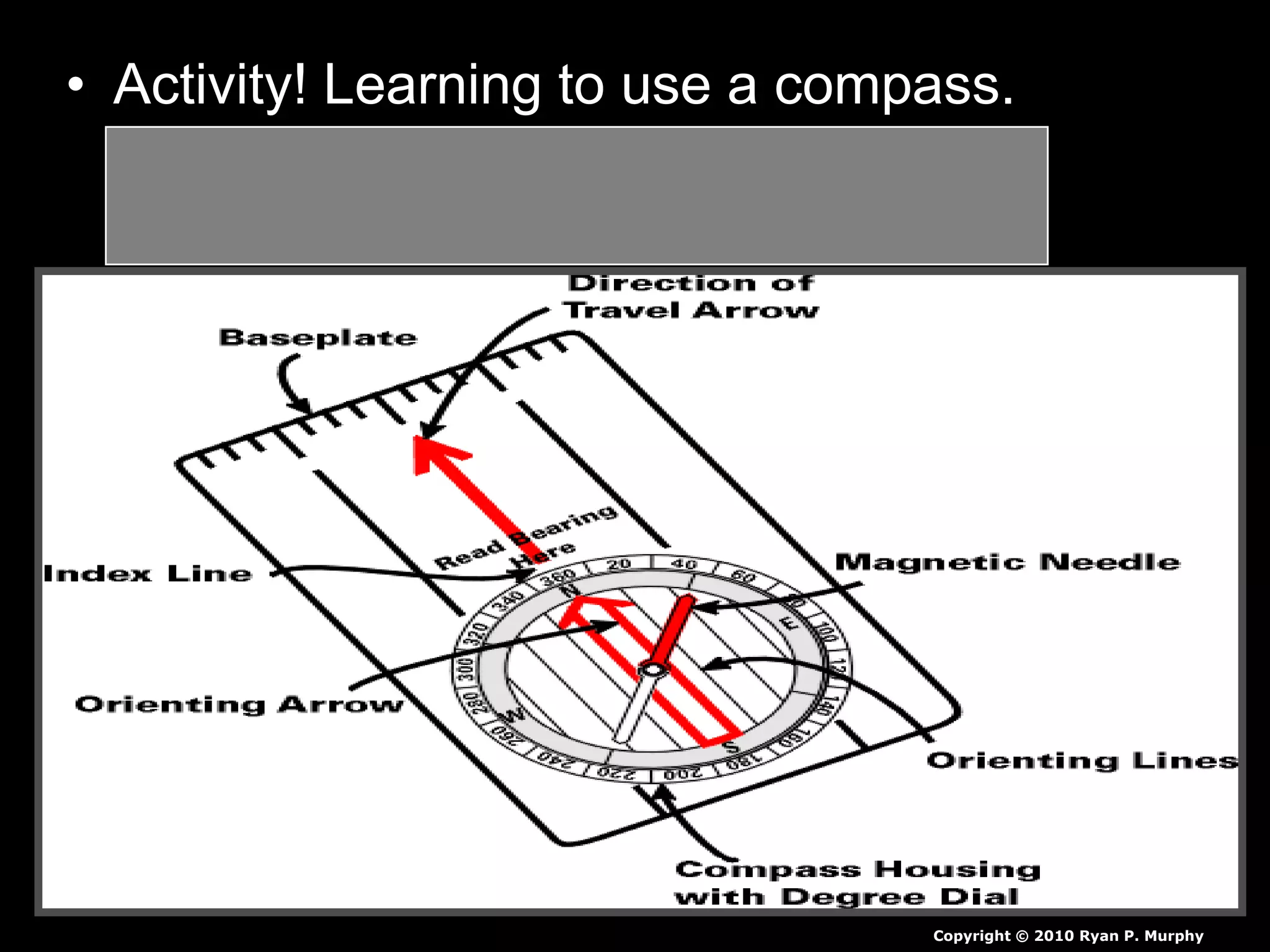 • Activity! Learning to use a compass.
– Put “Red Fred in the shed”
– Put “Black Jack in the shack”
Copyright © 2010 Ryan P. Murphy
 