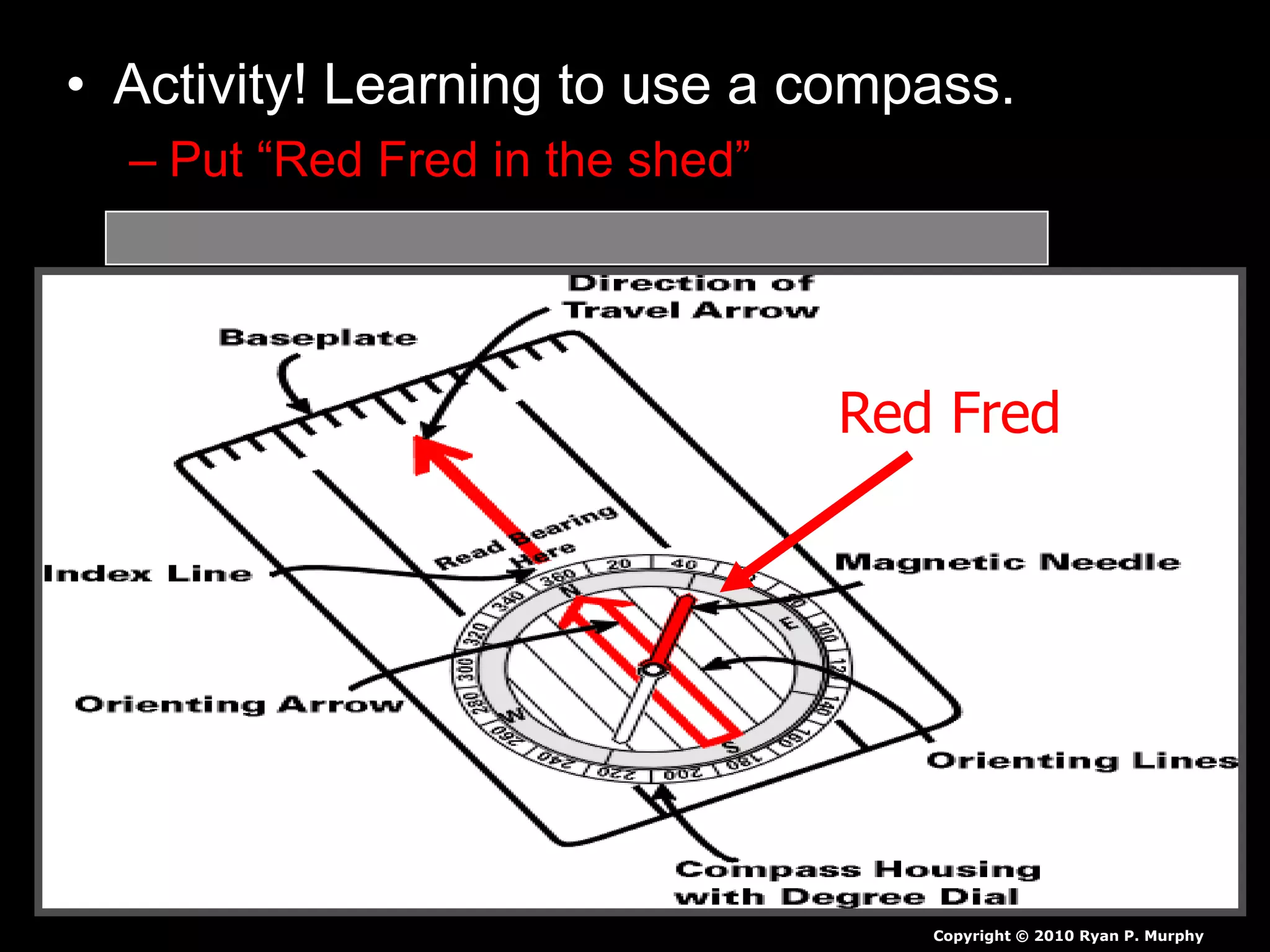 • Activity! Learning to use a compass.
– Put “Red Fred in the shed”
– Put “Black Jack in the shack”
Copyright © 2010 Ryan P. Murphy
Red Fred
 