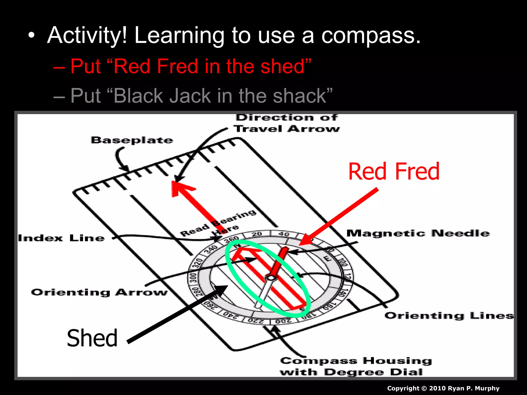 • Activity! Learning to use a compass.
– Put “Red Fred in the shed”
– Put “Black Jack in the shack”
Copyright © 2010 Ryan P. Murphy
Red Fred
Shed
 