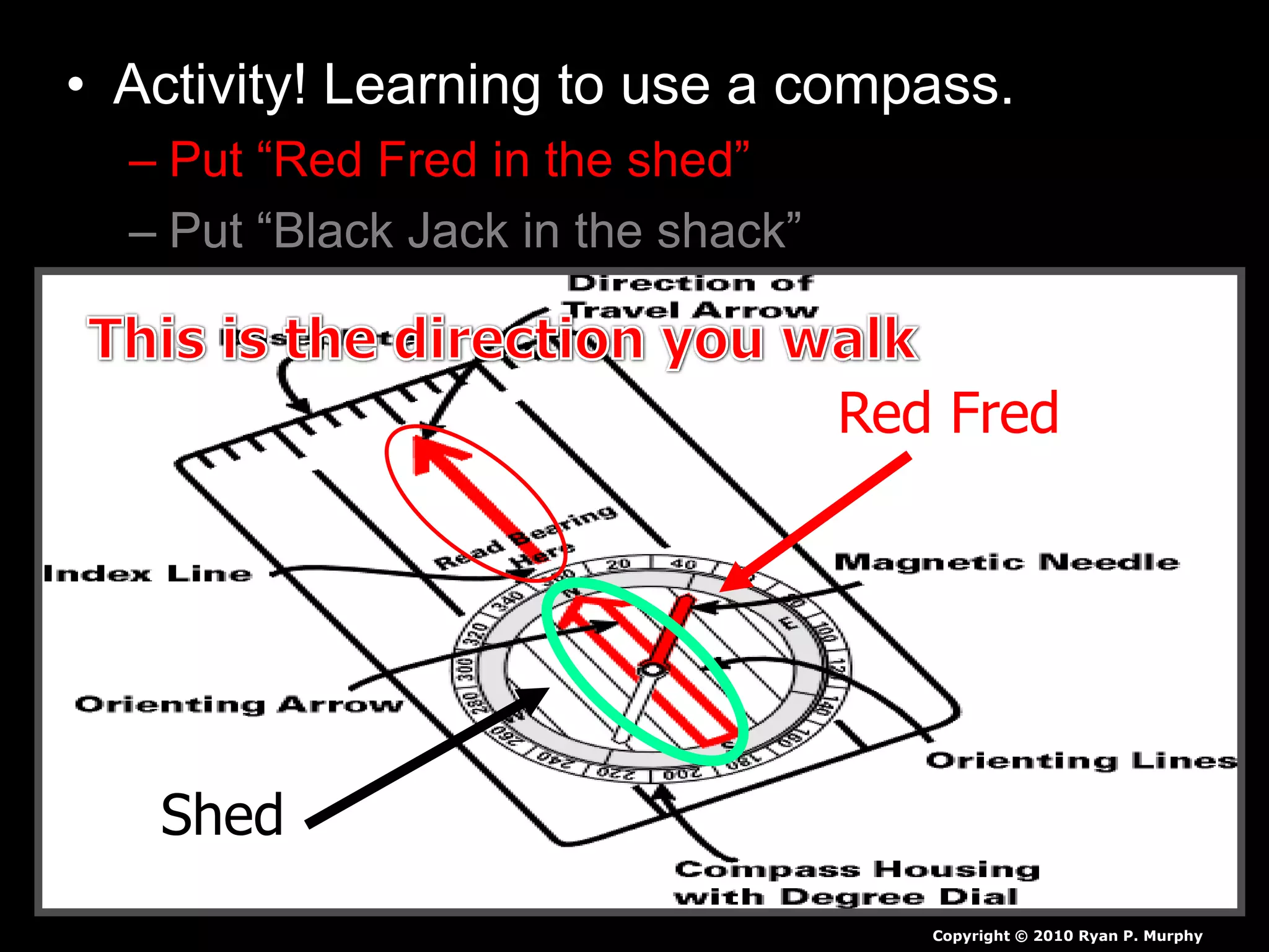 • Activity! Learning to use a compass.
– Put “Red Fred in the shed”
– Put “Black Jack in the shack”
Copyright © 2010 Ryan P. Murphy
Red Fred
Shed
 