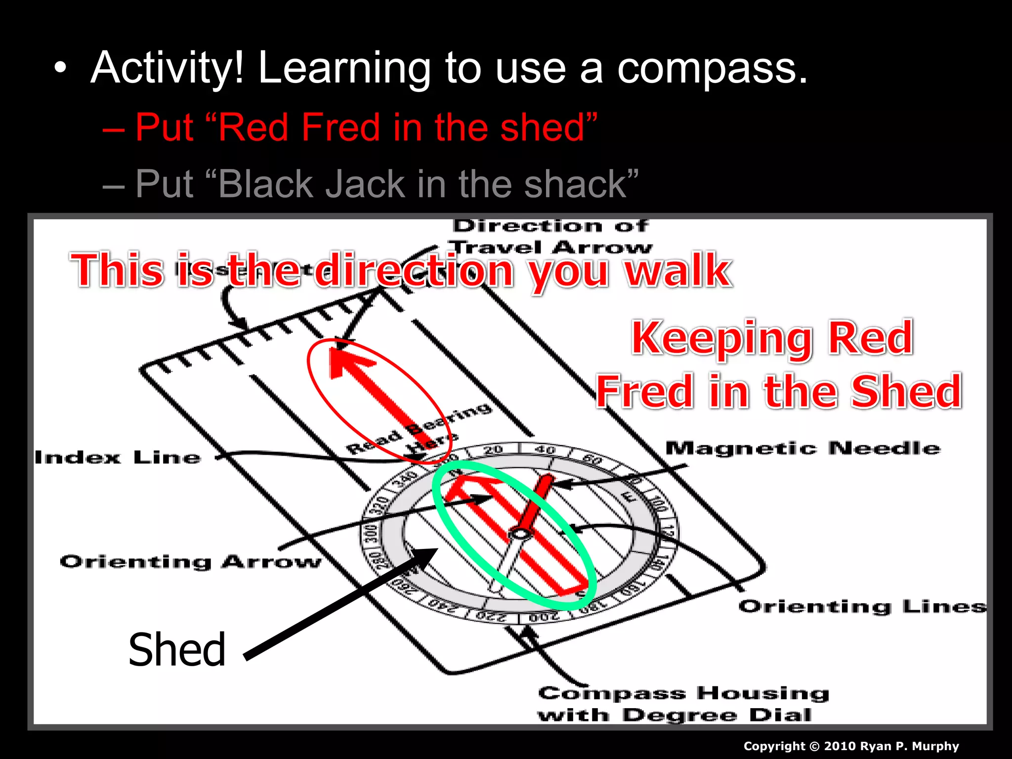 • Activity! Learning to use a compass.
– Put “Red Fred in the shed”
– Put “Black Jack in the shack”
Copyright © 2010 Ryan P. Murphy
Shed
 