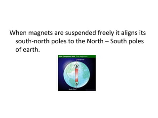 When magnets are suspended freely it aligns its
south-north poles to the North – South poles
of earth.
 
