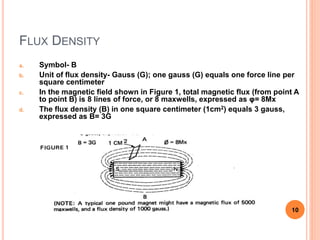 FLUX DENSITY
a. Symbol- B
b. Unit of flux density- Gauss (G); one gauss (G) equals one force line per
square centimeter
c. In the magnetic field shown in Figure 1, total magnetic flux (from point A
to point B) is 8 lines of force, or 8 maxwells, expressed as φ= 8Mx
d. The flux density (B) in one square centimeter (1cm2) equals 3 gauss,
expressed as B= 3G
10
 