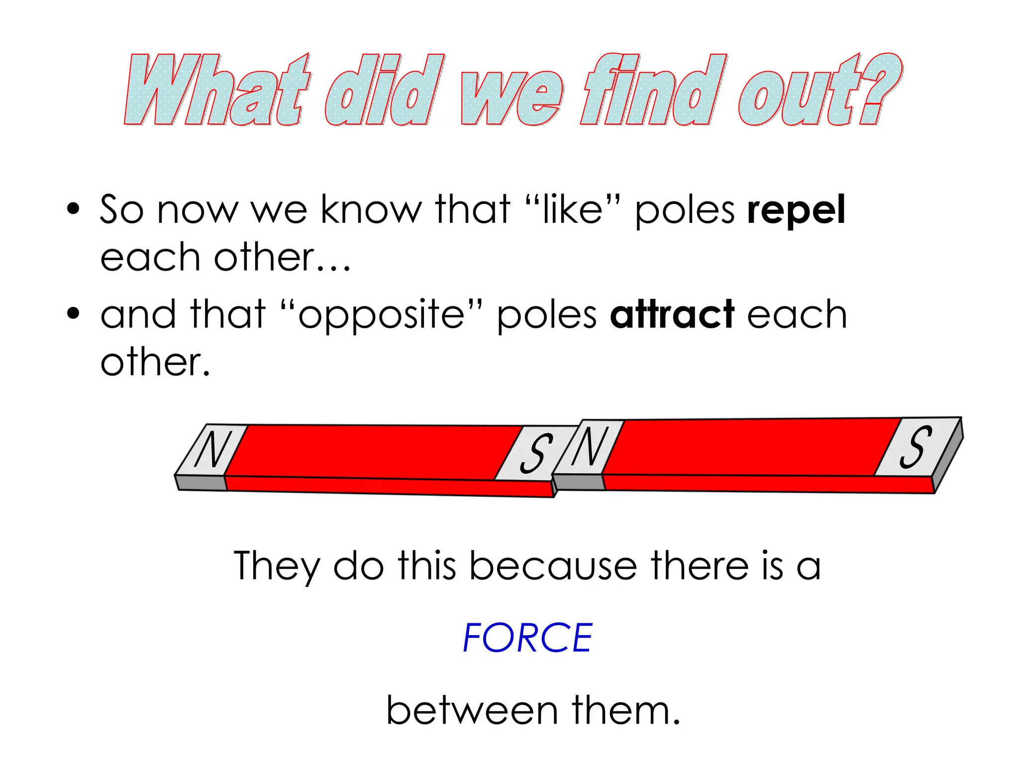• So now we know that “like” poles repel
each other…
• and that “opposite” poles attract each
other.
They do this because there is a
FORCE
between them.
 