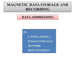 MAGNETIC DATA STORAGE AND
RECORDING
DATA ADDRESSING

BY,
A. POOJA SHUKLA
M.Tech (NANO) Ist Yr

1821310006
SRM UNIVERSITY

 