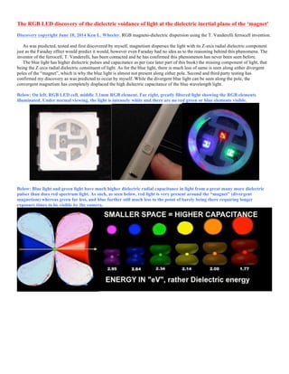 The RGB LED discovery of the dielectric voidance of light at the dielectric inertial plane of the ‘magnet’
Discovery copyright June 18, 2014 Ken L. Wheeler. RGB magneto-dielectric dispersion using the T. Vanderelli ferrocell invention.
As was predicted, tested and first discovered by myself, magnetism disperses the light with its Z-axis radial dielectric component
just as the Faraday effect would predict it would, however even Faraday had no idea as to the reasoning behind this phenomena. The
inventor of the ferrocell, T. Vanderelli, has been contacted and he has confirmed this phenomenon has never been seen before.
The blue light has higher dielectric pulses and capacitance as per (see later part of this book) the missing component of light, that
being the Z-axis radial dielectric constituent of light. As for the blue light, there is much less of same is seen along either divergent
poles of the “magnet”, which is why the blue light is almost not present along either pole. Second and third party testing has
confirmed my discovery as was predicted to occur by myself. While the divergent blue light can be seen along the pole, the
convergent magnetism has completely displaced the high dielectric capacitance of the blue wavelength light.
Below: On left, RGB LED cell, middle 3.1mm RGB element. Far right, greatly filtered light showing the RGB elements
illuminated. Under normal viewing, the light is intensely white and there are no red green or blue elements visible.
Below: Blue light and green light have much higher dielectric radial capacitance in light from a great many more dielectric
pulses than does red spectrum light. As such, as seen below, red light is very present around the “magnet” (divergent
magnetism) whereas green far less, and blue further still much less to the point of barely being there requiring longer
exposure times to be visible by the camera.
 