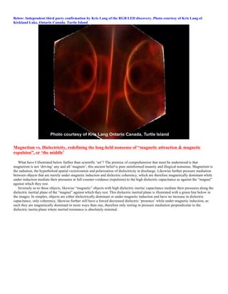 Below: Independent third party confirmation by Kris Lang of the RGB LED discovery. Photo courtesy of Kris Lang of
Kirkland Lake, Ontario Canada. Turtle Island
Magnetism vs. Dielectricity, redefining the long-held nonsense of “magnetic attraction & magnetic
repulsion”, or ‘the middle’
What have I illustrated below further than scientific ‘art’? The premise of comprehension that must be understood is that
magnetism is not ‘driving’ any and all ‘magnets’; this ancient belief is pure uninformed insanity and illogical nonsense. Magnetism is
the radiation, the hyperboloid spatial vectorization and polarization of dielectricity in discharge. Likewise further pressure mediation
between objects that are merely under magnetic induction and dielectric coherency, which are therefore magnetically dominant while
under induction mediate their pressures at full counter-voidance (repulsion) to the high dielectric capacitance as against the “magnet”
against which they rest.
Inversely so to these objects, likewise “magnetic” objects with high dielectric inertia/ capacitance mediate their pressures along the
dielectric inertial plane of the “magnet” against which they rest. This dielectric inertial plane is illustrated with a green line below in
the images. In simplex, objects are either dielectrically dominant or under magnetic induction and have no increase in dielectric
capacitance, only coherency, likewise further still have a forced decreased dielectric ‘presence’ while under magnetic induction, as
such they are magnetically dominant in more ways than one, therefore only resting in pressure mediation perpendicular to the
dielectric inertia plane where inertial resistance is absolutely minimal.
 