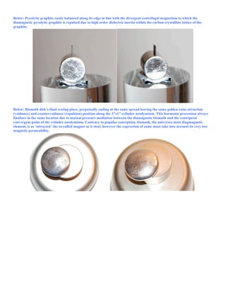 Below: Pyrolytic graphite easily balanced along its edge in line with the divergent centrifugal magnetism to which the
diamagnetic pyrolytic graphite is repulsed due to high order dielectric inertia within the carbon crystalline lattice of the
graphite.
Below: Bismuth disk’s final resting place, perpetually ending at the same spread leaving the same golden ratio attraction
(voidance) and countervoidance (repulsion) position along the 2”x1” cylinder neodymium. This harmonic precession always
finalizes in the same location due to mutual pressure mediation between the diamagnetic bismuth and the centripetal
convergent point of the cylinder neodymium. Contrary to popular conception, bismuth, the universes most diagmagnetic
element, is as ‘attracted’ the so-called magnet as is steel, however the expression of same must take into account its very low
magnetic permeability.
 
