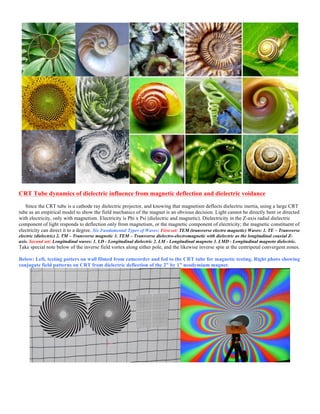 CRT Tube dynamics of dielectric influence from magnetic deflection and dielectric voidance
Since the CRT tube is a cathode ray dielectric projector, and knowing that magnetism deflects dielectric inertia, using a large CRT
tube as an empirical model to show the field mechanics of the magnet is an obvious decision. Light cannot be directly bent or directed
with electricity, only with magnetism. Electricity is Phi x Psi (dielectric and magnetic). Dielectricity in the Z-axis radial dielectric
component of light responds to deflection only from magnetism, or the magnetic component of electricity; the magnetic constituent of
electricity can direct it to a degree. Six Fundamental Types of Waves: First set: TEM (transverse electro magnetic) Waves: 1. TE – Transverse
electric (dielectric) 2. TM – Transverse magnetic 3. TEM – Transverse dielectro-electromagnetic with dielectric as the longitudinal coaxial Z-
axis. Second set: Longitudinal waves: 1. LD - Longitudinal dielectric 2. LM - Longitudinal magneto 3. LMD - Longitudinal magneto dielectric.
Take special note below of the inverse field vortex along either pole, and the likewise inverse spin at the centripetal convergent zones.
Below: Left, testing patters on wall filmed from camcorder and fed to the CRT tube for magnetic testing. Right photo showing
conjugate field patterns on CRT from dielectric deflection of the 2” by 1” neodymium magnet.
 