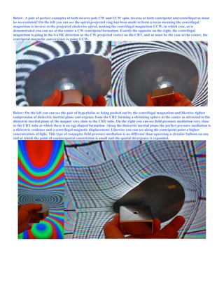 Below: A pair of perfect examples of both inverse pole CW and CCW spin, inverse at both centripetal and centrifugal as must
be necessitated! On the left you can see the spiral projected ring has been made to form a torus meaning the centrifugal
magnetism is inverse to the projected clockwise spiral, making the centrifugal magnetism CCW, in which case, as is
demonstrated you can see at the center a CW centripetal formation. Exactly the opposite on the right, the centrifugal
magnetism is going in the SAME direction as the CW projected vortex on the CRT, and as must be the case at the center, the
centripetal magnetic convergence is going CCW.
Below: On the left you can see the pair of hyperbolas as being pushed out by the centrifugal magnetism and likewise tighter
compression of dielectric inertial plane convergence from the CRT forming a shrinking sphere at the center as attracted to the
dielectric inertial plane of the magnet very close to the CRT tube. On the right you can see field pressure mediation very close
to the CRT tube at which there is an egg shaped formation. Along the dielectric inertial plane the perfect pressure mediation is
a dielectric voidance and a centrifugal magnetic displacement. Likewise you can see along the centripetal point a higher
concentration of light. This type of conjugate field pressure mediation is no different than squeezing a circular balloon on one
end at which the point of counterspatial constriction is small and the spatial divergence is expanded.
 