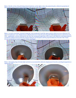 Below: On left, we have the grid being twisted clockwise, on the right we have the projected grid, a dielectric projection of
electrostatics being twisted counterclockwise on the inverse pole of the magnet.
Below: As can be seen below, instead of using the vortex projected, I used the square grid in which you can see likewise CW
and CCW dielectric vortex displacement as displayed inverse to the divergent magnetic field displacements as placed near the
CRT. Additionally as always and must be the case, the centripetal bright spot at the center is the dielectric convergent point of
centripetal voidance between both the magnets dielectric inertial plane and the projected dielectric from the CRT. Notice
inverse centripetal movement respective to the centrifugal.
Below: Alternating rings of cloudy light and dark as necessitated by dielectric displacement from the centrifugal magnetism as
against the CRT.
 