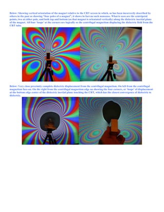 Below: Showing vertical orientation of the magnet relative to the CRT screen in which, as has been incorrectly described by
others in the past as showing “four poles of a magnet”, it shows in fact no such nonsense. What is seen are the centripetal
points, two at either pole, and both top and bottom (as that magnet is orientated vertically) along the dielectric inertial plane
of the magnet. All four ‘loops’ at the corners are logically so the centrifugal magnetism displacing the dielectric field from the
CRT tube.
Below: Very close proximity complete dielectric displacement from the centrifugal magnetism. On left from the centrifugal
magnetism face-on. On the right from the centrifugal magnetism edge on showing the four corners, or ‘loops’ of displacement
at the bottom edge center of the dielectric inertial plane touching the CRT, which has the closest convergence of dielectric to
dielectric.
 