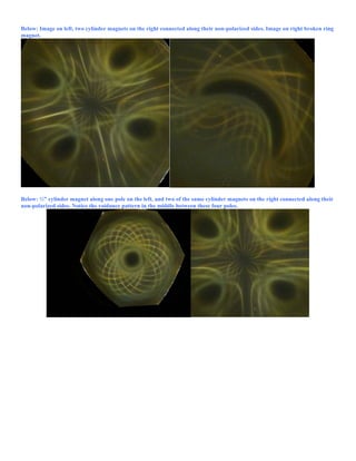 Below: Image on left, two cylinder magnets on the right connected along their non-polarized sides. Image on right broken ring
magnet.
Below: ½” cylinder magnet along one pole on the left, and two of the same cylinder magnets on the right connected along their
non-polarized sides. Notice the voidance pattern in the middle between these four poles.
 