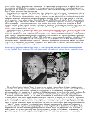 driven, electrical discovery petered-out, finally ending around 1930. As a direct and intentional result of the academic physics theory,
the methodology behind the brilliant inventiveness of previous generations was all but wiped out and replaced by an unproductive
particle physics. This, from the cult of quantum, a fraudulent collusion and academic hubris-based pseudo-conspiracy based in “deep
thinking insanity” designed by mathematical physics.
I must give exclusions to quoting Walter Russell in any length and frame him properly, lest there is a misunderstanding as I have
noticed from prior editions of this work and its reaction from Russell cultists, while he was roughly 75% accurate in his positions, his
25% or so of inaccuracy is stunningly demented, namely his rejection of the Ether and his incapacity to differentiate electricity from
dielectricity among many intellectual conclusions and failure Russell committed; dropping out of school at the age of 9 (essentially
utterly no education whatsoever) did him harm ultimately. His dogmatic cult-like followers have deified Russell to a personality-cult
figurehead and they are rather an insane and rabid lot of moonbats. As an ancient philosopher once said “I will give him great praise
for his accuracies, but I will not do so on his failures.” Blind dogmatic “all or nothing” devotion to the ‘deified dead’ as regards
Russell or anyone is the realm of cultish maneuvers which cannot be intelligent or logically supported. Such rabid insanity can be seen
of followers of Russell, Einstein, Feynman and a few others. The difference being of course that Russell was roughly 80% correct,
whereas Einstein and Feynman were 80% wrong.
Stunningly important is the fact that Walter Russell never and at no time defines, or attempts to even broach the topic of what
a FIELD is. Having digitized his works and making quick work of a word search of ‘FIELD’ will reveal absolutely nothing
whatsoever in his three main works. As I have taught many people, you can tell more about what someone doesn’t say than what they
do say. Absence is as strong or stronger than presence. Any incapacity to define the term FIELD an utter incompetence and abysmal
failure of the absolute highest magnitude. Everything is fields, absolutely everything; as such an absolute failure to broach the topic is
a monumental failure that must be pointed out. However he is far from alone in this titanic omission. While there are a handful of
occurances of Russell’s in which he mentions ‘wave-fields’, this is utterly meaningless and left unqualified. Waves of what, fields of
what? Waves are phenomena of prior subjects or principles, are merely qualifiers and not explicative of anything in definition. We
seek answers here, not pathetic descriptions and pontifications.
Below: The cult of quantum, so heavily railed against by Tesla, Heaviside, and others was to overthrow rational thought and
science. Thankfully though, not forever. This epoch of mass-insanity will be a footnote to future discovery and genuine science.
The waveform of supposed “electron” flow is the same waveform produced when you slam on the brakes. It’s a harmonic sine
wave and the sound of energy dissipation. Electricity flows in the space between the wires. This has always been known by electrical
engineers. For example, if you short out a major electrical circuit you will see the cables violently repel each other as the
electromagnetic force tries to escape from the boundaries in which they are contained between the so-called bounding conductors. The
power is between the conductive wires, not in them, nor are there electrons ‘beads’ bumping or flowing thru the ‘conductor’.
In general, the electrostatic potential, e, in Volt, renders the insulators hot, the magnetomotive force, i, in Ampere, renders the
wires hot. Also, it is found that this heating increases with increasing frequency of the potential, e, or the M.M.F., i. It is here where
the prevailing concept of the "electron" is to be found. Hence it is the motions of the so-called electrons that give rise to the energy
loss in an electrical system. “Electrons” represent energy dissipation. However, the cult of quantum, and the ill informed fool all tell
us that the ‘electron’ is a subatomic particle and charge carrier, and is that which conveys energy, this is complete irrational nonsense!
“Maxwell’s discovery of a factor of proportionality between dielectricity and magnetism led to his theory of conjugate pair of
inductions, dielectric and magnetic, in union, propagating at the velocity of light through the ‘Luminiferous Ether’. Hence, electro-
magnetic waves in free space, unbounded by gross physical matter, mass free energy. This propagation is within the dielectric, or
Etheric, medium itself. It is free of so-called “charge carriers” (electrons), a mass-less form of electricity. This concept had a very
powerful impact upon the scientific and philosophical thoughts of Maxwell’s era. So here begins the notion of “wireless”, the
 