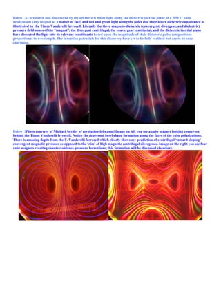 Below: As predicted and discovered by myself there is white light along the dielectric inertial plane of a N50 1” cube
neodymium (any magnet as a matter of fact) and red and green light along the poles due their lower dielectric capacitance as
illustrated by the Timm Vanderelli ferrocell. Literally the three magneto-dielectric (convergent, divergent, and dielectric)
pressure field-zones of the “magnet”, the divergent centrifugal, the convergent centripetal, and the dielectric inertial plane
have dissected the light into its relevant constituents based upon the magnitude of their dielectric pulse compositions
proportional to wavelength. The invention potentials for this discovery have yet to be fully realized but are to be sure,
enormous.
Below: [Photo courtesy of Michael Snyder of revolution-labs.com] Image on left you see a cube magnet looking corner-on
behind the Timm Vanderelli ferrocell. Notice the depressed bowl shape formation along the faces of the cube polarizations.
There is amazing depth from the T. Vanderelli ferrocell which clearly shows my prediction of centrifugal ‘inward sloping’
convergent magnetic pressure as opposed to the ‘rim’ of high magnetic centrifugal divergence. Image on the right you see four
cube magnets creating countervoidance pressure formations; this formation will be discussed elsewhere.
 