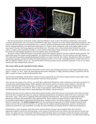 The most insane premise of all atomic models, either the debunked ‘cloud’ model or the planetary model both, is their mutual
vociferous agreement that “most of an atom is 99.999999% empty space” (between the nucleus and the charged(ing) boundaries). This
cannot be enjoined, logically or experimentally and is contrary to all observed phenomena and experimentation. Between the nucleus
and the charging boundaries is the spatial and counterspatial ‘air’ (Ether), which, analogously, props up the highly stable (in most
cases) atomic structure, that being magnetism and the dielectricity. The rotary inner vortexes inside (rather between) the atomic
‘sphere’ (complex atomic geometries actually) is a micro-turbine which induces charge, discharges, has capacitance, inductance, and
has counter-to-counterspatial magnetism to prevent complete atomic dismemberment.
The atomic radius of different elements is specifically related to the magnetic-dielectric pressures within the atomic geometry. The
larger noble gasses have greater internal magnetism, low dielectricity and resultantly have very low reactivity with other elements.
The nucleal and the geometric charged (discharging) boundaries are atomic terminals, like a battery. Electrification affects this spatial-
counterspatial geometry and likewise affects the spatial magnetism within it. Even in the ‘encapsulated balloon’ model of the atom of
QM, the supposed ‘balloon’ has no ‘air’. The particle theory of atomic geometry must be summarily dismissed; it is by its very nature
nothing more than rehashed Greek Atomism.
This section will be greatly expanded in further editions.
Its best to ideate the inter-atomic structure between the nucleus and its outer discharging perimeters as the magneto-dielectric plane-
field, or ‘volume’, or ‘base’. Again, the notion that this inter-atomic field plane is “empty, absolutely nothing” as posited by GR and
QM is a purely an insane concept and demonstrably false.
The formerly unexplainable varying atomic volumes are easily explained by the inter-atomic magneto-dielectric plane-fields, which
undergo capacitance and induction pressure-gradients within the atomic geometry.
There are only two models of the universe, one based upon mathematical abstractions which created non-existent discrete particles of
a myriad nature which mediate charges, fields, magnetism and electricity and have no future, no part of physics; and lastly the
electrical and field model of the universe that is as simple as it is consistent, logical, rational and explains all phenomena in the
universe with simplicity, not complexity. There is only one mass-particle, and all fields are as per the Ether. All else is a
misunderstanding of time-space versors, charge-discharge false dualities, and spin polarities.
Nothing in the entire universe could exist if the proton-neutron-electron model of the universe were accurate. Erase from your mind
forever the false conception that atoms are made up of spinning charged beads, this planetary model of the atom is a psychosis. The
inter-atomic ‘space’ of the atom is completely filled with magnetism and dielectricity. The necessary unexplained and endless
phenomena of elements and compounds is fully explained by the electro-conductor-magneto-dielectric model of the atom.
Counterspatial-spatial-spatial-counterspatial (discharge-plane, charging nucleus, inter-atomic-magnetic, inter-atomic counterspatial
dielectric respectively). This double-conjugate pair is the last remaining missing puzzle to be finally brought forward about the
atomic structure of the atom for the first time ever, and lastly for all, explains unexpected phenomena, reactivity, electrification,
conductivity, permittivity, and susceptibility. In simple, the electro-discharge and magneto-dielectric induction and capacitance.
Electrification, in short, terminates in the inter-atomic structure thereby creating a macro-magnetic field; this is the final
degenerative/radiative stop for the electrical charge. In the creation of electricity and in the nature of the atom there are but four real
factors, two spatial, and two counterspatial. Dielectricity and the discharge plane in counterspace; finally the magnetic and charged
nucleus (‘conductor’) in space. In electrification, the discharge plane is the electrical (so-called ‘electron’), the superluminal spinning
 
