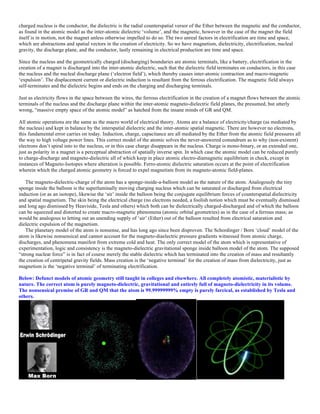 charged nucleus is the conductor, the dielectric is the radial counterspatial versor of the Ether between the magnetic and the conductor,
as found in the atomic model as the inter-atomic dielectric ‘volume’, and the magnetic, however in the case of the magnet the field
itself is in motion, not the magnet unless otherwise impelled to do so. The two unreal factors in electrification are time and space,
which are abstractions and spatial vectors in the creation of electricity. So we have magnetism, dielectricity, electrification, nucleal
gravity, the discharge plane, and the conductor, lastly remaining in electrical production are time and space.
Since the nucleus and the geometrically charged (discharging) boundaries are atomic terminals, like a battery, electrification in the
creation of a magnet is discharged into the inter-atomic dielectric, such that the dielectric field terminates on conductors, in this case
the nucleus and the nucleal discharge plane (‘electron field’), which thereby causes inter-atomic contraction and macro-magnetic
‘expulsion’. The displacement current or dielectric induction is resultant from the ferrous electrification. The magnetic field always
self-terminates and the dielectric begins and ends on the charging and discharging terminals.
Just as electricity flows in the space between the wires, the ferrous electrification in the creation of a magnet flows between the atomic
terminals of the nucleus and the discharge plane within the inter-atomic magneto-dielectric field planes, the presumed, but utterly
wrong, “massive empty space of the atomic model” as hatched from the insane minds of GR and QM.
All atomic operations are the same as the macro world of electrical theory. Atoms are a balance of electricity/charge (as mediated by
the nucleus) and kept in balance by the interspatial dielectric and the inter-atomic spatial magnetic. There are however no electrons,
this fundamental error carries on today. Induction, charge, capacitance are all mediated by the Ether from the atomic field pressures all
the way to high voltage power lines. This correct model of the atomic solves the never-answered conundrum as to why (non-existent)
electrons don’t spiral into to the nucleus, or in this case charge disappears in the nucleus. Charge is mono-binary, or an extended one,
just as polarity in a magnet is a perceptual abstraction of spatially inverse spin. In which case the atomic model can be reduced purely
to charge-discharge and magneto-dielectric all of which keep in place atomic electro-diamagnetic equilibrium in check, except in
instances of Magneto-Isotopes where alteration is possible. Ferro-atomic dielectric saturation occurs at the point of electrification
wherein which the charged atomic geometry is forced to expel magnetism from its magneto-atomic field-planes.
The magneto-dielectric-charge of the atom has a sponge-inside-a-balloon model as the nature of the atom. Analogously the tiny
sponge inside the balloon is the superluminally moving charging nucleus which can be saturated or discharged from electrical
induction (or as an isotope), likewise the ‘air’ inside the balloon being the conjugate equilibrium forces of counterspatial dielectricity
and spatial magnetism. The skin being the electrical charge (no electrons needed, a foolish notion which must be eventually dismissed
and long ago dismissed by Heaviside, Tesla and others) which both can be dielectrically charged-discharged and of which the balloon
can be squeezed and distorted to create macro-magnetic phenomena (atomic orbital geometries) as in the case of a ferrous mass; as
would be analogous to letting out an unending supply of ‘air’ (Ether) out of the balloon resulted from electrical saturation and
dielectric expulsion of the magnetism.
The planetary model of the atom is nonsense, and has long ago since been disproven. The Schordinger / Born ‘cloud’ model of the
atom is likewise nonsensical and cannot account for the magneto-diaelectric pressure gradients witnessed from atomic charge,
discharges, and phenomena manifest from extreme cold and heat. The only correct model of the atom which is representative of
experimentation, logic and consistency is the magneto-dielectric gravitational sponge inside balloon model of the atom. The supposed
“strong nuclear force” is in fact of course merely the stable dielectric which has terminated into the creation of mass and resultantly
the creation of centripetal gravity fields. Mass creation is the ‘negative terminal’ for the creation of mass from dielectricity, just as
magnetism is the ‘negative terminal’ of terminating electrification.
Below: Defunct models of atomic geometry still taught in colleges and elsewhere. All completely atomistic, materialistic by
nature. The correct atom is purely magneto-dielectric, gravitational and entirely full of magneto-dielectricity in its volume.
The nonsensical premise of GR and QM that the atom is 99.99999999% empty is purely farcical, as established by Tesla and
others.
 